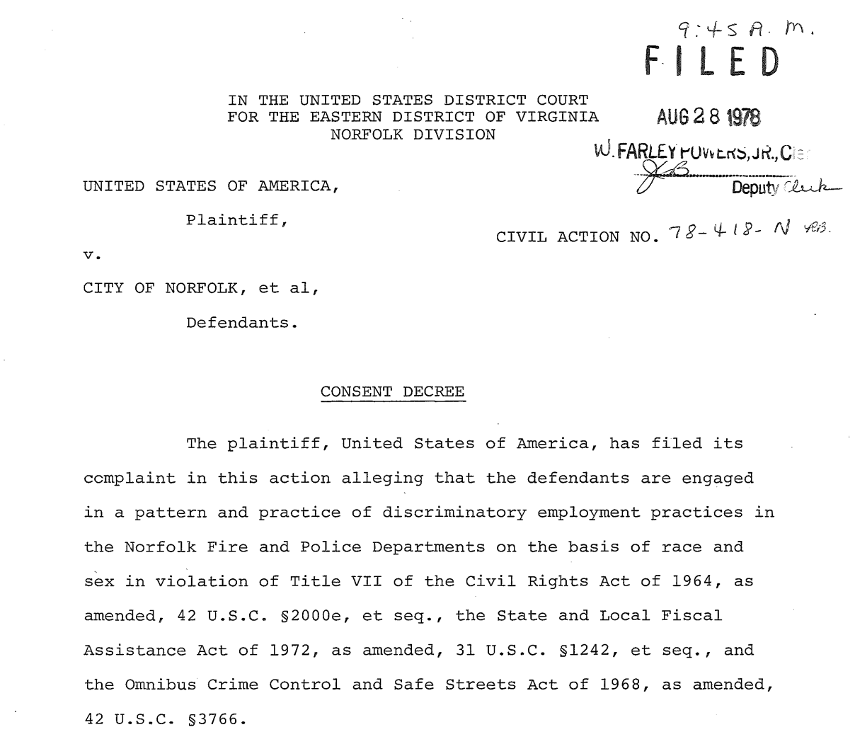This is a picture of the first page of the 1978 consent decree in the United States v. City of Norfolk lawsuit.
