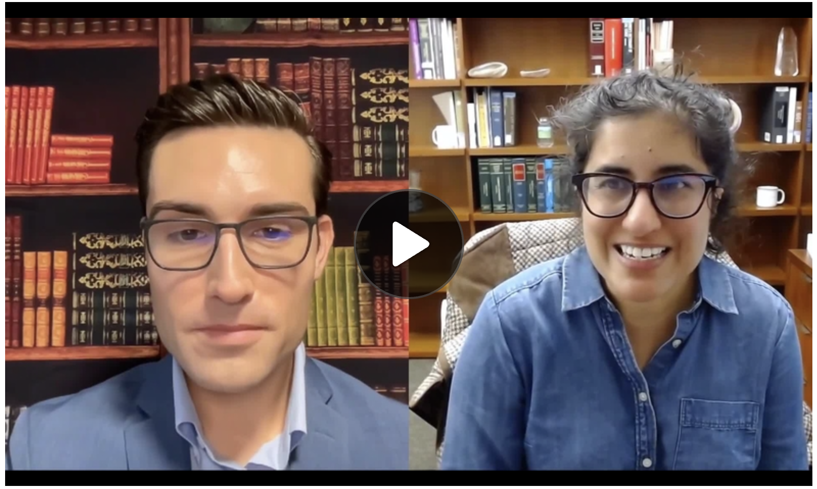 A screenshot of an interview conducted virtually with Michigan Law Student Andrew Eslich on the left and attorney Easha Anand on the right, in split screen.