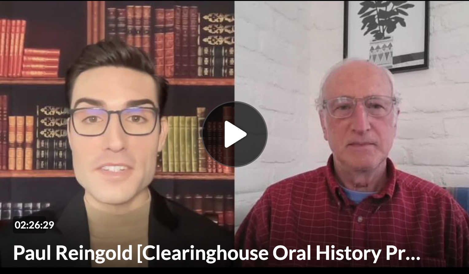 A still shot from the oral history interview of Paul Reingold, with law student Andrew Eslich on the left side of a split screen and Professor Reingold on the right side.